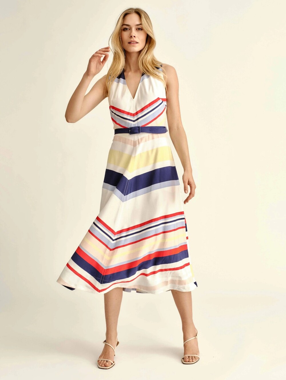 Cartolina Monica A-Line Sleeveless V-Neck Midi Dress in Bold Nantucket Stripe M